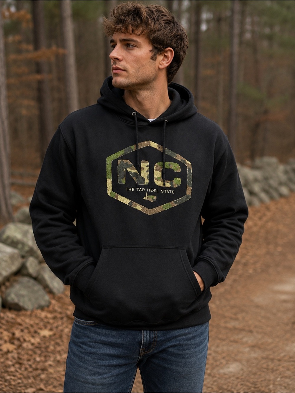 State of Mine NC Hoodie Mens Large Black Camo Graphic Pullover Sweatshirt